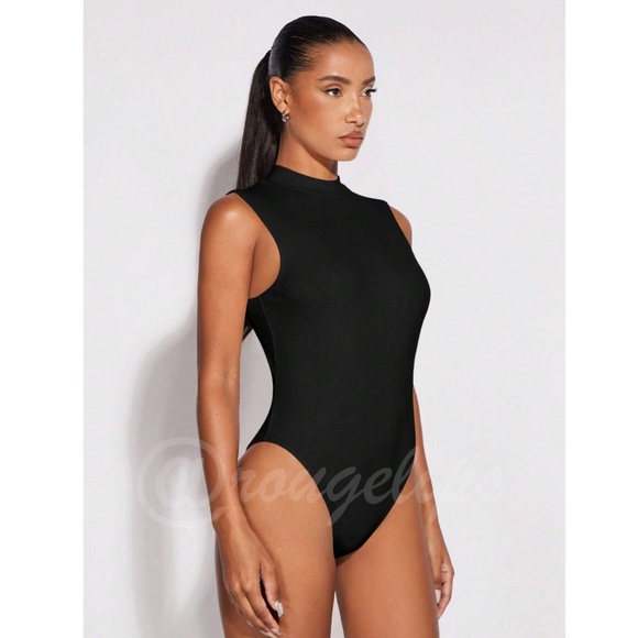 Black Cut Out Back Bodysuit Backless High Hip  High Neck, Sleeveless - Picture 3 of 8